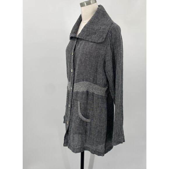 Fenini Linen Jacket Button Down Wide Collared Longline Pockets Grey Womens XS - Picture 5 of 8